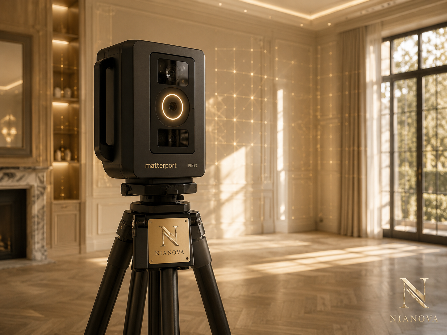 Scanner Matterport en action dans un salon premium