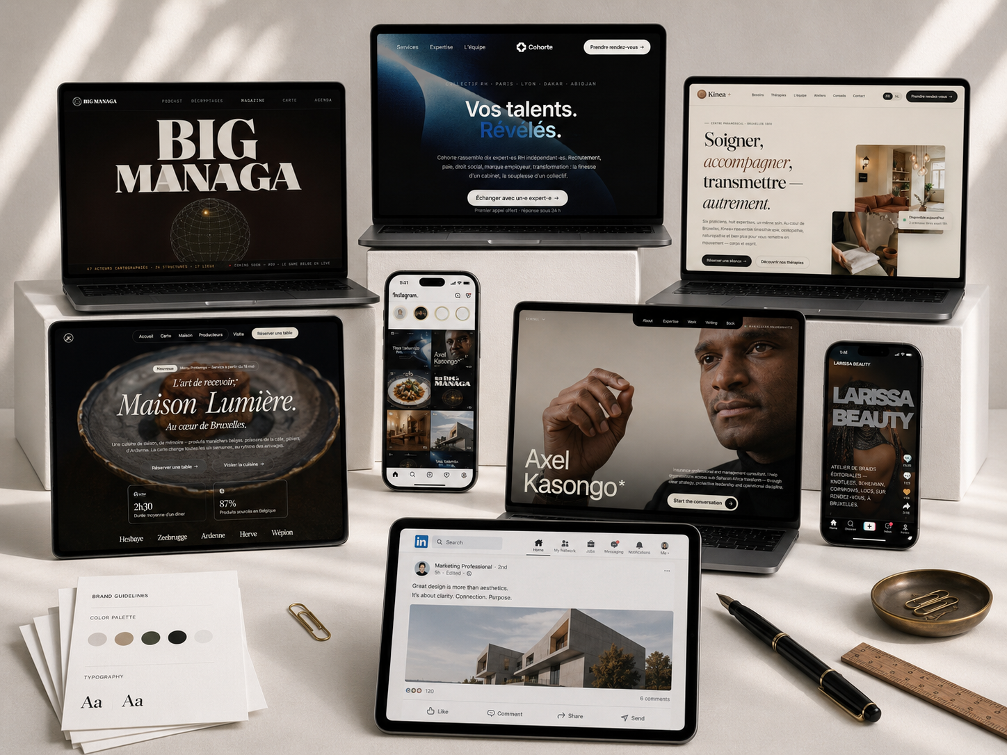 Sites NiaNova livrés · Big Managa, Cohorte, Kinea, Maison Lumière, Axel Kasongo, Larissa Beauty sur devices réels