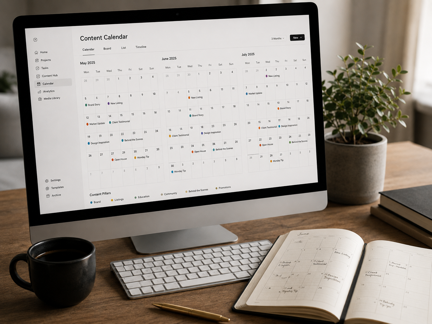 Calendrier éditorial 3 mois affiché sur iMac · planning thématique