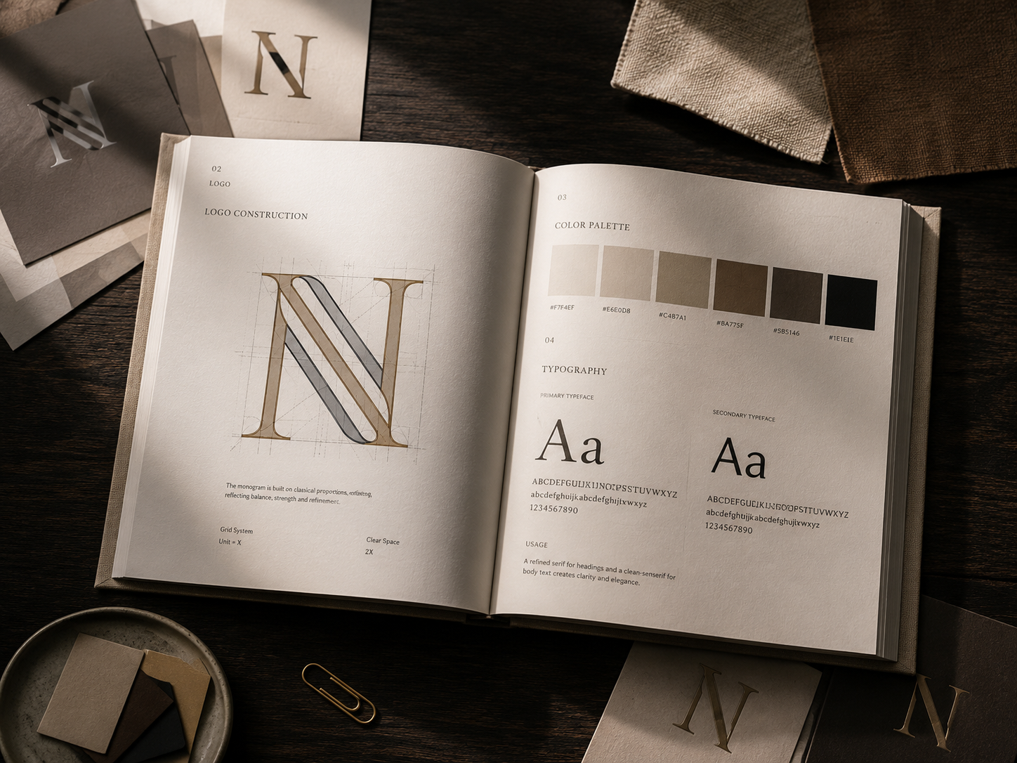 Brand book ouvert · construction logo, palette, typographie