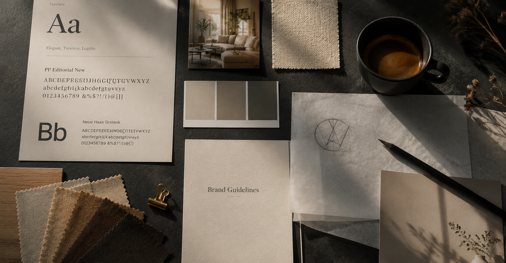 Moodboard identité · typographie, charte, échantillons matières