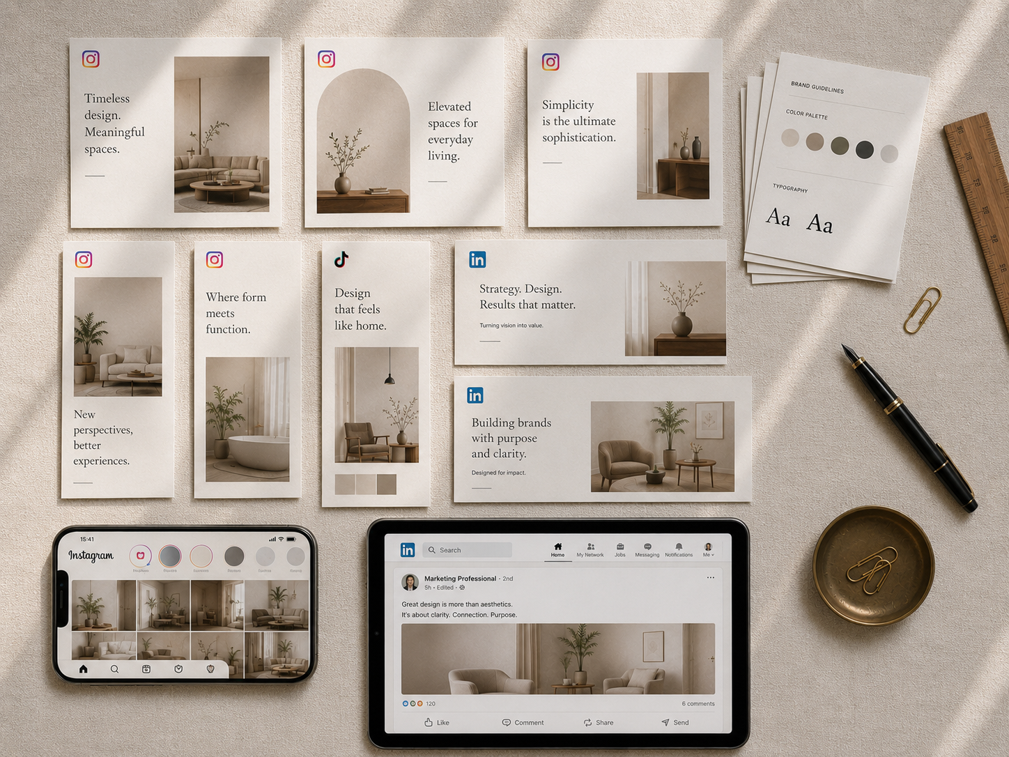 Templates réseaux sociaux · posts Instagram, stories TikTok, bannières LinkedIn