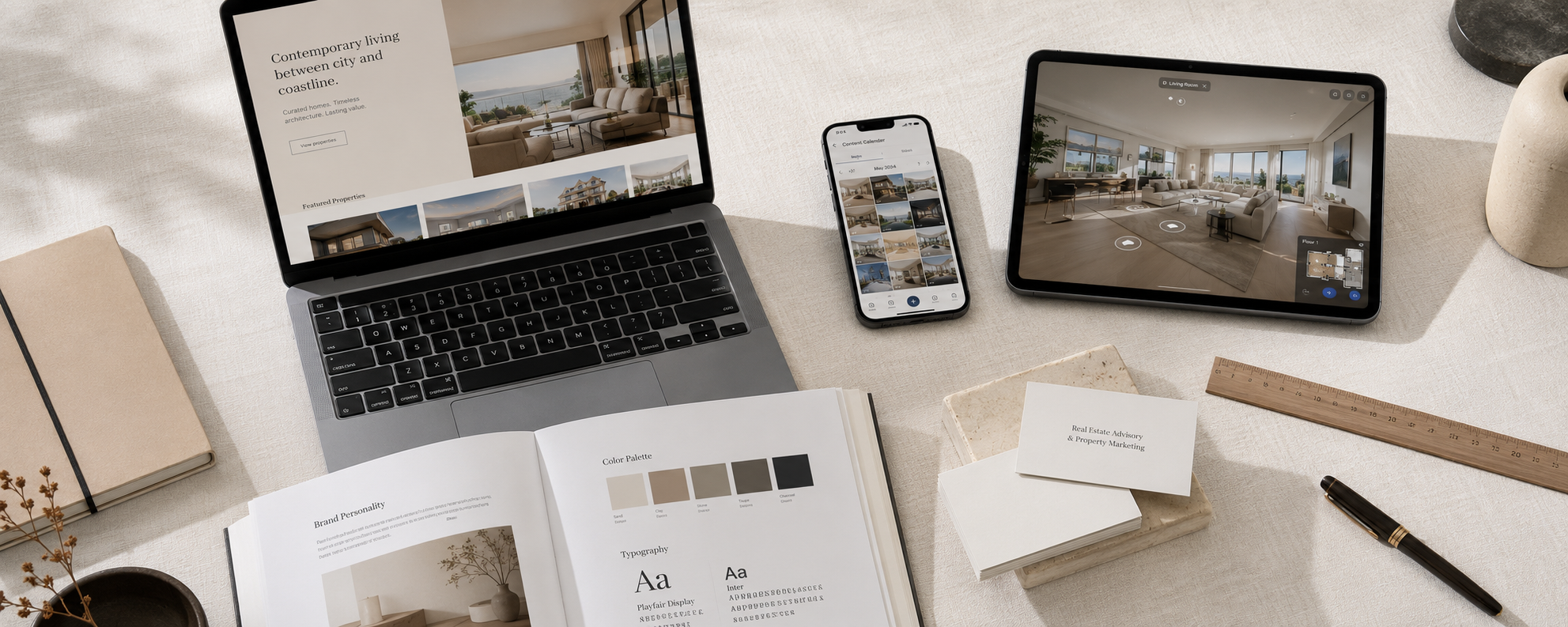 Livrables NiaNova · laptop, iPad, brand book et samples